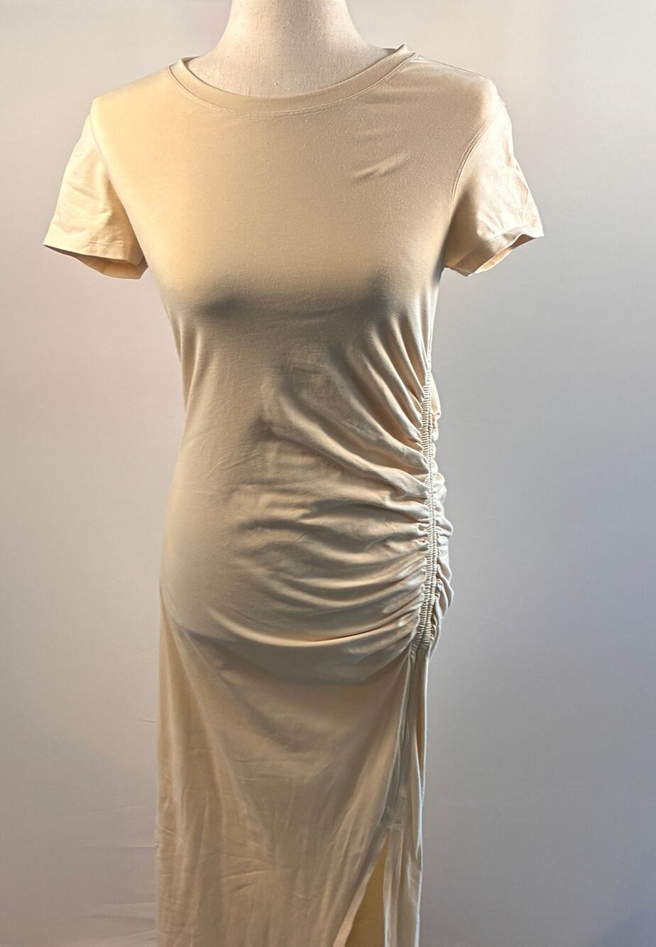 Theory Shirred Midi Dress Beige Nude Pima Cotton Modal Ruched Side Slit M